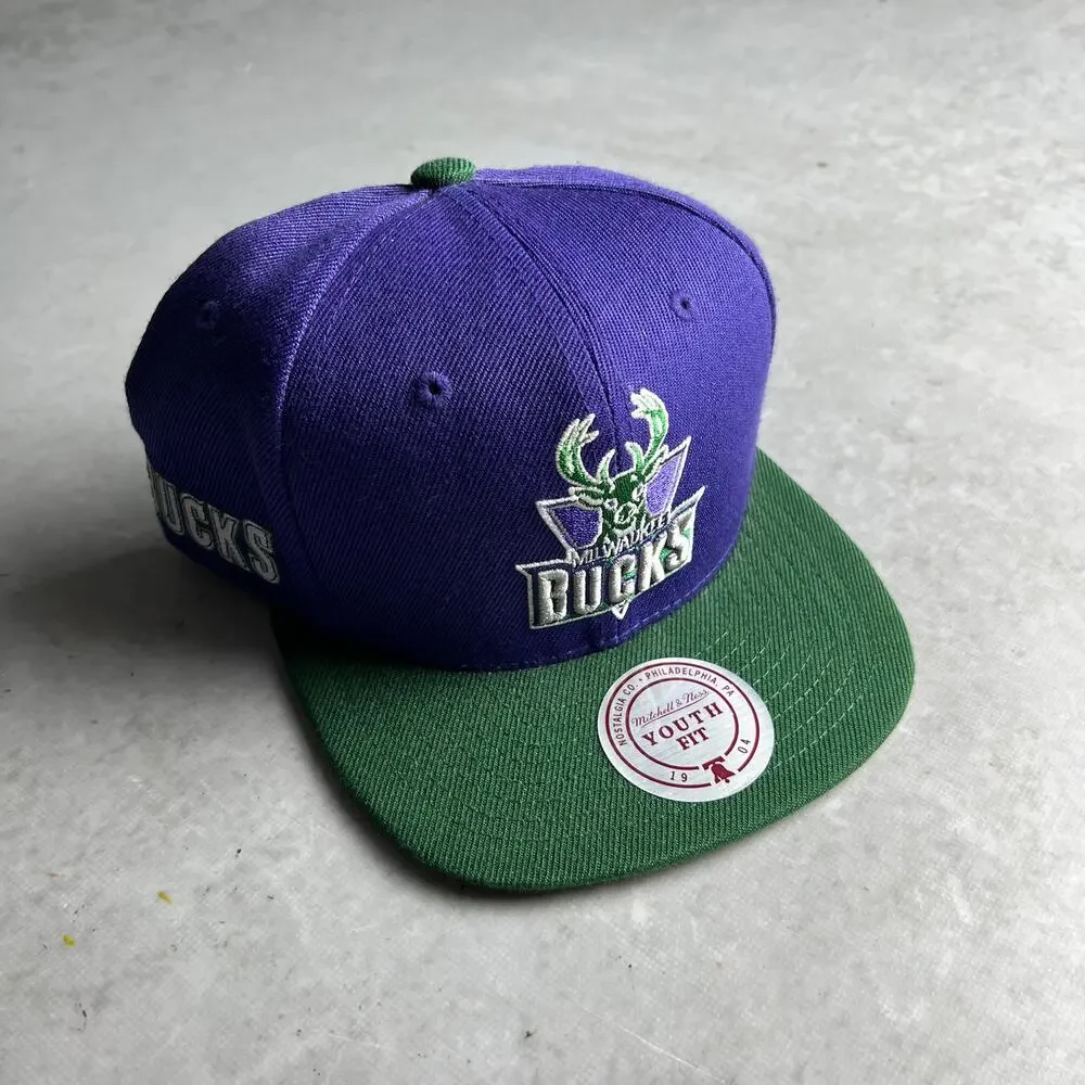 Mitchell And Ness Milwaukee Bucks SnapBack Hat Logo Purple Green Youth Fit NWT